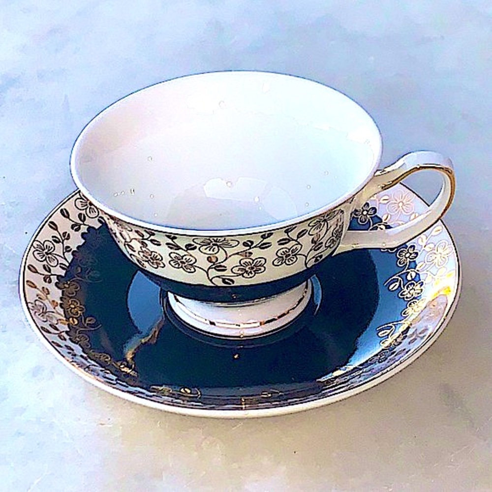 GRACES TEAWARE CUP SAUCER SET BLACK METALLIC GOLD FLORAL NEW PORCELAIN